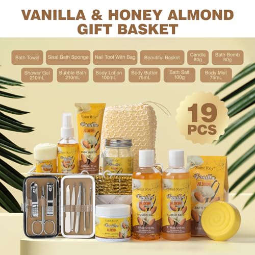 Vanilla & Honey Almond Spa Gift Set 19pcs - Relaxing Bath & Body Kit for Women & Men