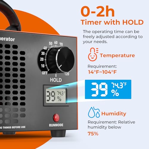 Orange Ozone Generator 160,000mg/h with Temp & Humidity Display - Large Space Air Purifier & Odor Remover