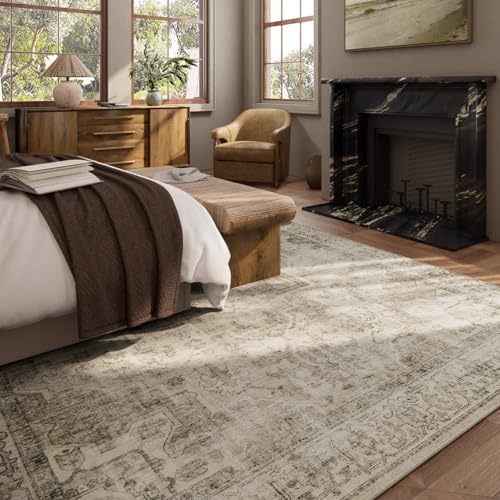 Palohom 5' x 7' Brown & Cream Washable Vintage Area Rug - Non-Slip, Soft, Stain-Resistant for Living Room & Bedroom