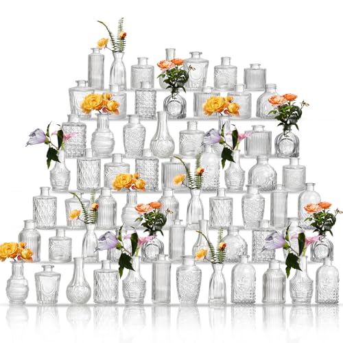 Clear Glass Bud Vases Set of 64 - Small Vintage Mini Flower Vases for Centerpieces