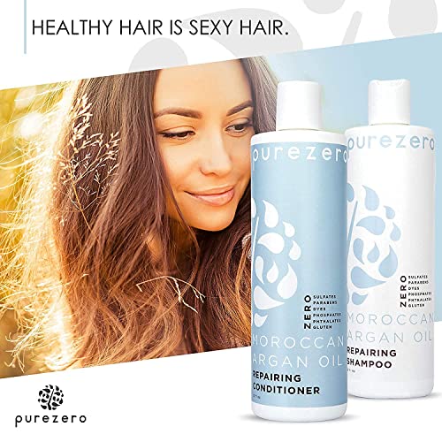 Purezero Moroccan Argan Oil Shampoo & Conditioner Set 20 Fl Oz Pack of 2 - Repair Damaged Hair & Fight Dandruff