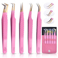 5 Pcs Fiber-Tip Japanese Steel Lash Tweezer Set with Leather Case, Professional Eyelash Tweezers for Lash Extensions ? Titanium Coated, 90 & 45 Angled, Precision Pointed Tweezers (PINK)