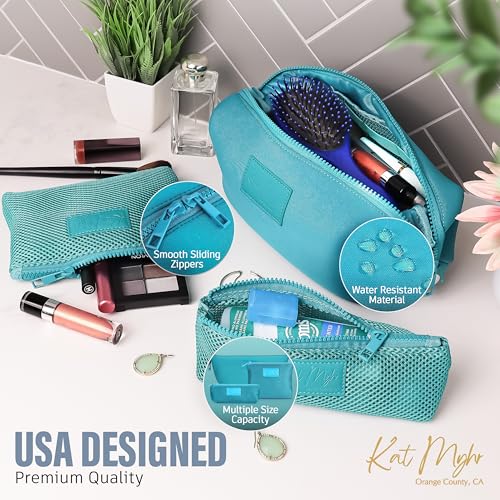 Kat Myhr Turquoise Neoprene Travel Makeup & Cosmetic Bag Set with Mesh Pouches