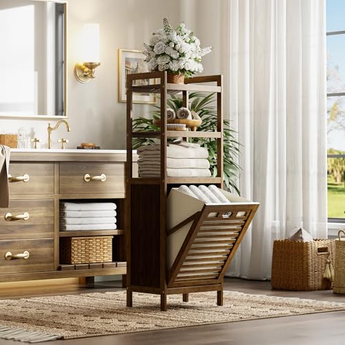 Bamboo Tilt Out Laundry Hamper Cabinet with Removable Basket - Walnut - Space Saving Bathroom Storage