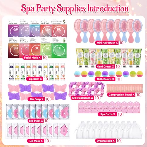 VESPRO 110PCS Spa Party Supplies for Girls, Spa Day Kit Include Face Masks Skincare, Hand Cream, Lip Balm, Under Eye Patches, Mini Hair Brush, Spa Birthday Sleepover Party Supplies for Teen Girls