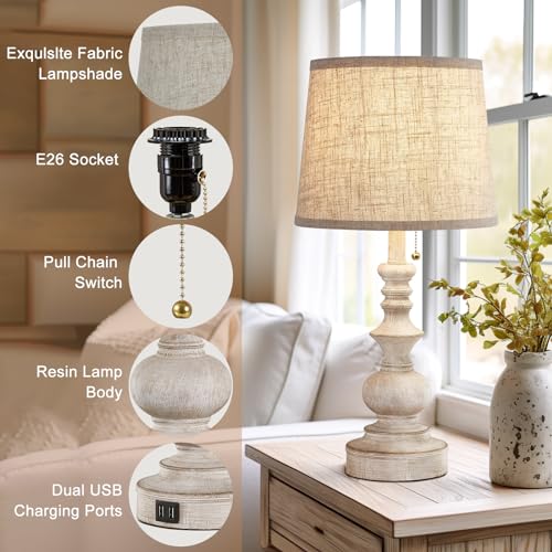 22-Inch White Farmhouse Table Lamps Set of 2 with USB Charging Ports - Nightstand Side Lamps for Bedroom & Living Room
