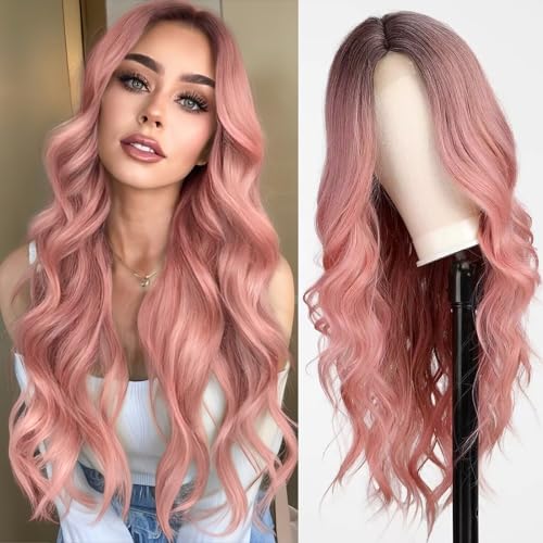 Long Pink Ombre Wavy Wig 26 Inch Synthetic Curly Hair for Women - Natural Look, Heat-Resistant Fiber