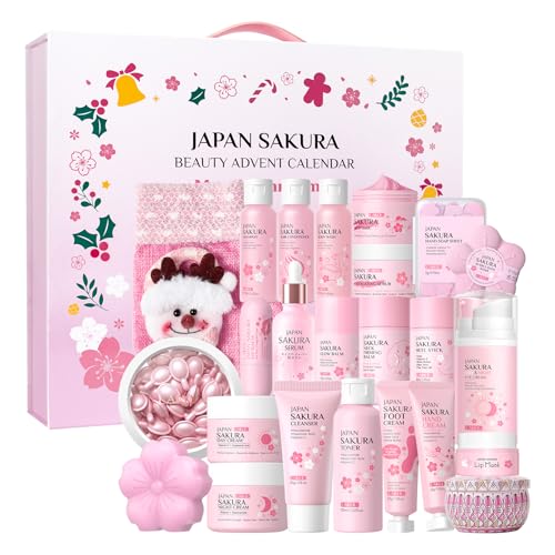 LAIKOU Japan Sakura Beauty Advent Calendar 2025, Christmas Gifts for Women, Skin Care Set, Bath Body Gift Set, New Year Skincare Beauty Gift Baskets, 24pcs Surprise Gift Box for Women and Girls