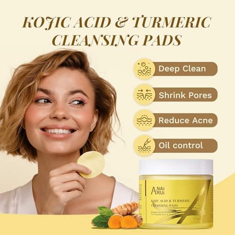 ANAI RUI Turmeric Kojic Acid Exfoliating Cleansing Pads, Deep Cleansing Brightening Pads, Exfoliating Scrub Pad for Face and Body, Acne Treatment, Skin Tone Evening,50 PCS