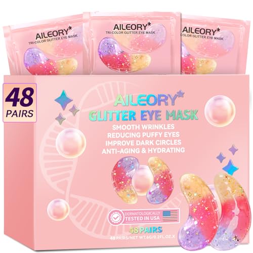 Tri-Color Glitter Under Eye Patches (48 Pairs) for Dark Circles & Puffiness - Nourishing Collagen & Hyaluronic Acid