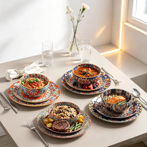 12-Piece Bohemian Ceramic Dinnerware Set for 4 with Colorful Plates & Bowls