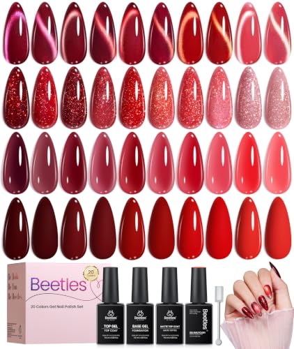 Beetles Red Gel Nail Polish Set - Jelly Glitter & Cat Eye Finish, Burgundy Dream Variation