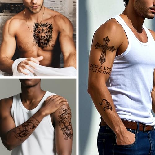 Aresvns 24 Sheets Temporary Tattoo for Adults,USA Eagle and Flag Device, 3D Military Lion Wolf Skull Totem Fake Tattoo, Fourth of July Memorial Day Labor Day Decorations Patriotic Tattoos