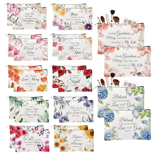 24PCS Christian Canvas Makeup Bags Bulk Inspirational Cosmetic Bags for Women Bible Verse Canvas Zipper Pouch Bulk Religious Makeup Organizer Bags Christian Gifts for Women(Flower)