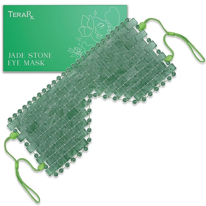 Jade Eye Mask for Facials - Beaded Jade Mask for Puffiness & Dark Circles - Adjustable Straps - Natural Stone Relief