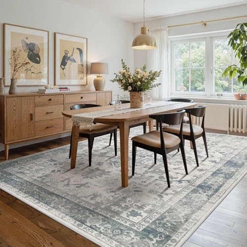 Washable 6x9 Boho Vintage Area Rug - Light Blue & Grey, Non-Slip, Low-Pile