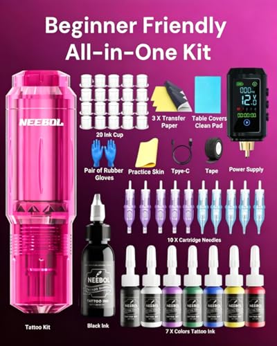 Pink Wireless Tattoo Gun Kit for Beginners & Artists - Medium