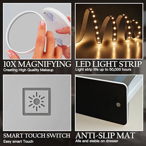 Lighted Makeup Vanity Mirror with 10X Magnification, Dimmable LED Lights, 15x12 Inch