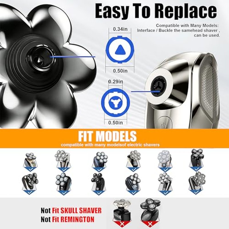 7-Blade Magnetic Shaver Head Replacement for Freebird Head Shave Bald Men - Universal Fit for Most Brand Shavers, Head & Face Grooming (Silver/3Pack)