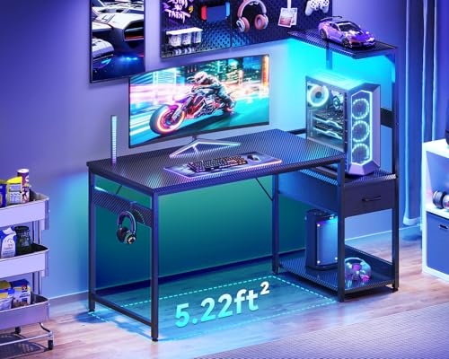 Casaottima 48'' Carbon Fiber Gaming Desk with RGB LED Lights & CPU Stand, Black