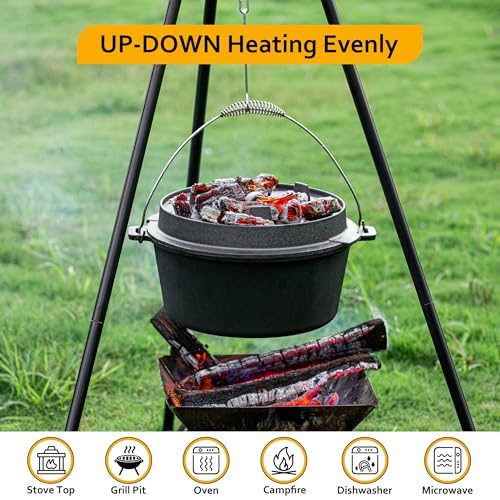 10QT Cast Iron Camping Dutch Oven with Lid - Pre-Seasoned Outdoor Cooking Pot