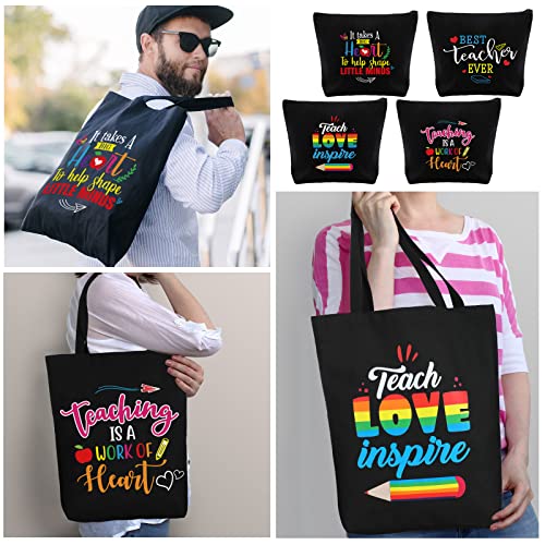 Oudain 8 Pcs Teacher Appreciation Gifts for Women Graduation Gifts Canvas Tote Bag Cosmetic Toiletry Canvas Makeup Bags with Zipper for Teacher Birthday Farewell Parties
