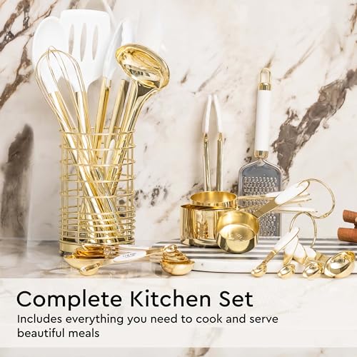 Gold Kitchen Utensils Set - 23-Piece White & Gold Cookware with Holder, Champagne Gold Variation