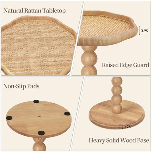 Natural Flower Boho Rattan Small Side Table - Solid Wood Nightstand for Small Spaces