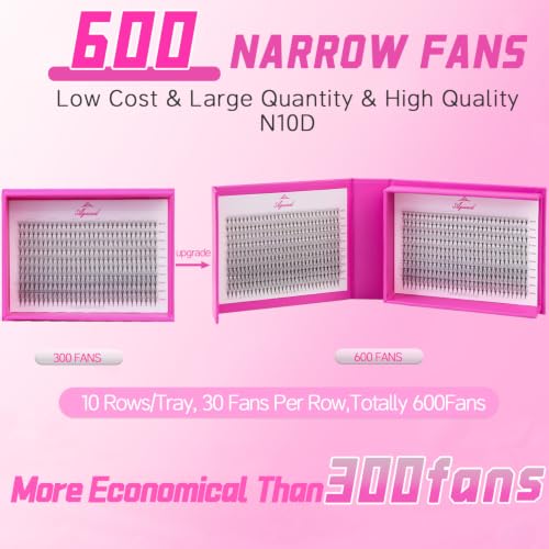AGUUD 600 Fans Premade 10D D Curl Eyelash Extensions Narrow Fans, 0.05mm Thick, Mixed 8-15mm Length, Handmade Volume Lashes (Pack of 1)
