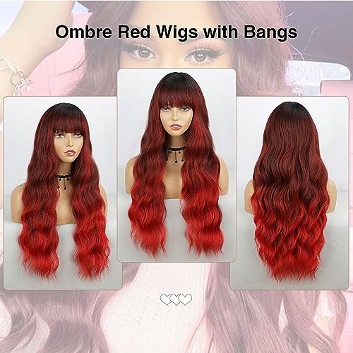 Ombre Red Wavy Wig with Bangs - 26 Inch Synthetic Long Hair for Women