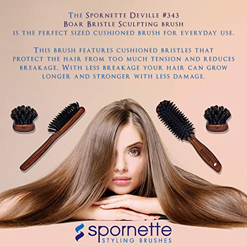 Spornette Deville Hair Brush #343 - Boar Bristle, Wooden Handle, Cushioned Smoothing Brush for Shine & Styling