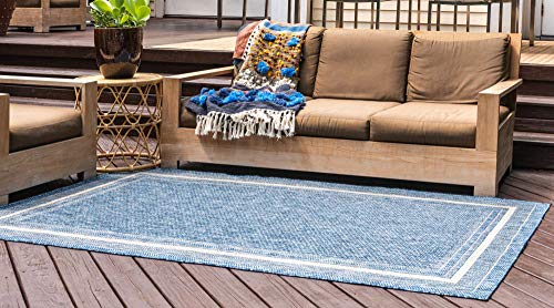 Outdoor Border Area Rug 7'1 x 10' Blue Ivory Rectangular - Unique Loom