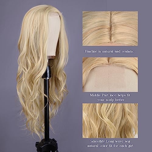 Long Wavy Blonde Wig for Women 26 Inch Synthetic Hair - Middle Part - Blonde