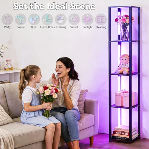 Black RGBWC Floor Lamp with Shelves - Smart Color Changing & Music Sync