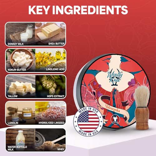 Valentynka Tallow Shaving Soap. Enriched with Donkey Milk, Water Buffalo Milk, Whey Proteins, Omega 3, Omega 6, Hops Extract. Canadian Fir, Leather, Orange, Jasmine, Sugar, Amber, Saffron, Cedarwood