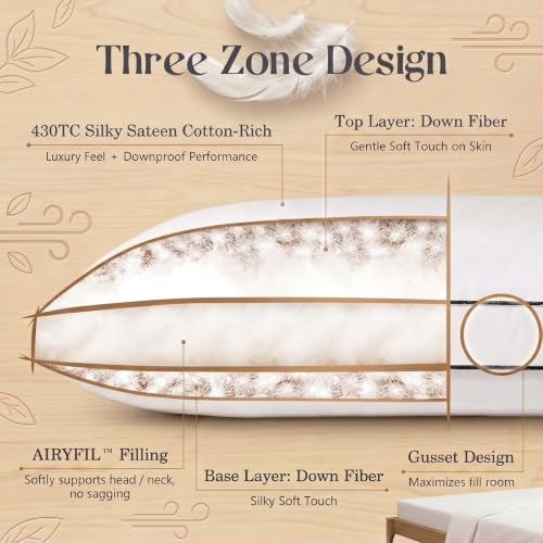 Queen Size Goose Feather Down Pillow Set of 2 - Soft Fluffy Medium Firm Bed Pillows for Sleep - White / Queen