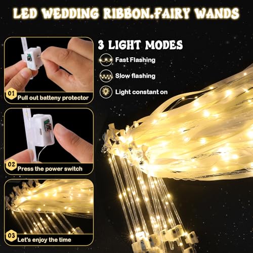 LED Fairy Wands 100 Pcs Wedding Glow Stick with Ribbon & Bell - Warm White, Flashing Modes