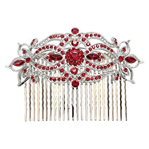 Large Red Floral Hair Comb with Rhinestones for Wedding & Party