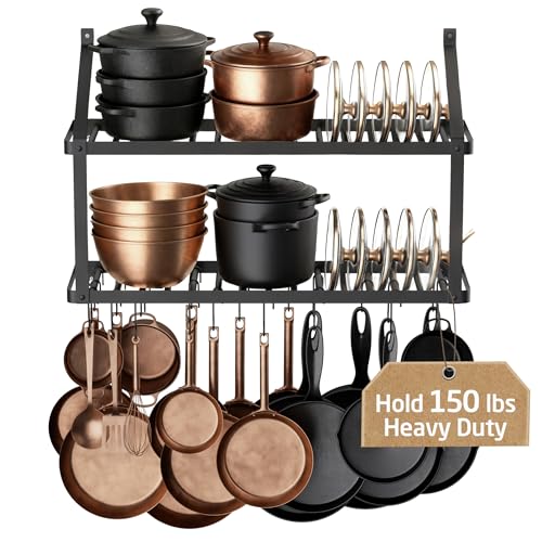 KES Black 150 lb Heavy-Duty Wall Mount Pot Rack with 20 Hooks & Lid Holder