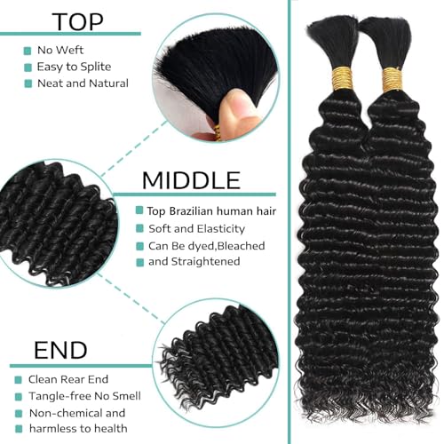 16 Inch Natural Black Deep Wave Human Hair for Braiding - Bulk Bundles, 110g