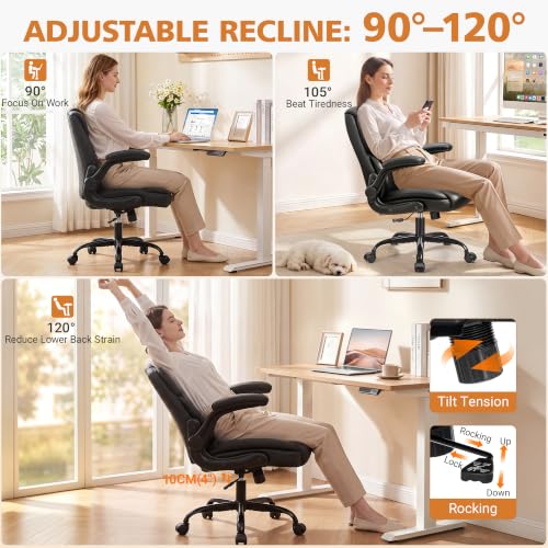 Black PU Leather Office Chair with Flip-Up Arms, Lumbar Support & Adjustable Height