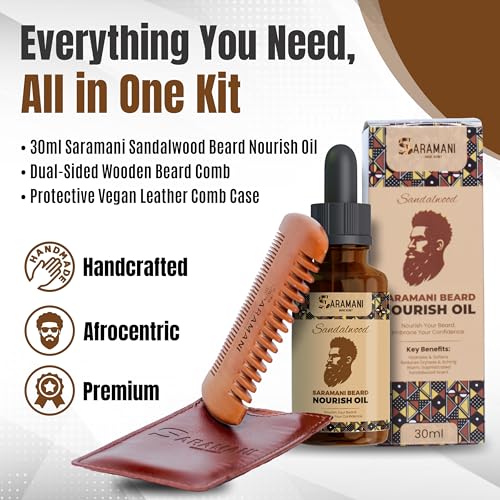 Saramani Beard Grooming Kit for Men ? 30ml Sandalwood Beard Oil + Wooden Beard Comb with Vegan Leather Case ? Natural Beard Care for Growth, Softening & Conditioning