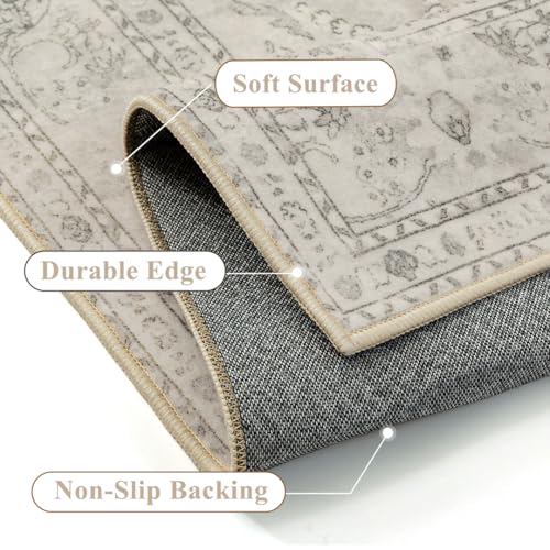 PureCozy Vintage Beige 8x10 Low Pile Washable Area Rug - Large Living Room Carpet