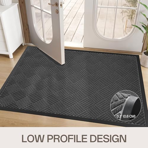 Heavy Duty Waterproof Front Door Mat 4x5 ft - Grey Diamond, Indoor Outdoor Rug
