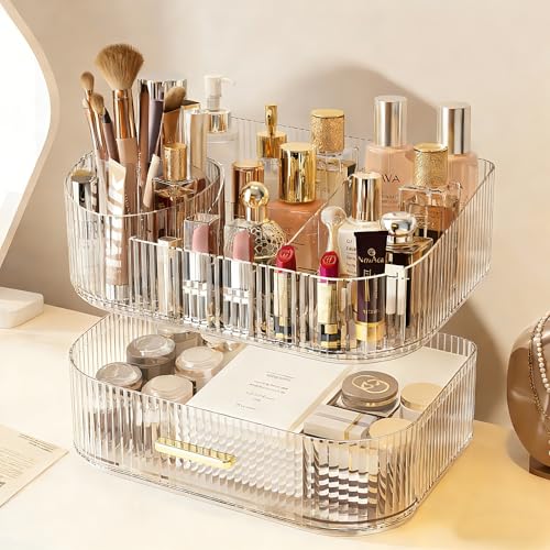 Glowspire Clear 2-Layer 360° Rotating Makeup Organizer with Stackable Drawers