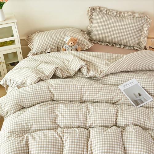 Full Tan Gingham Comforter Set 5 Pieces Vintage Ruffled Bedding