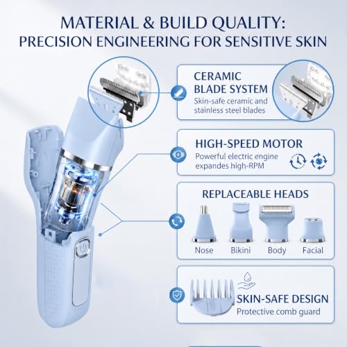 Blue 5-in-1 Women's Electric Bikini Trimmer & Shaver Waterproof Cordless