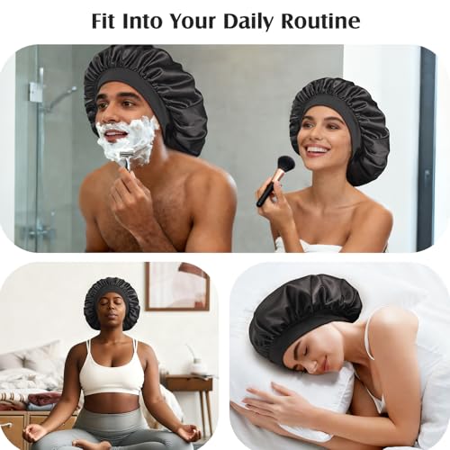 YFONG Silk Lined Sleep Bonnet for Women & Men, Double Layer Adjustable Black & Purple