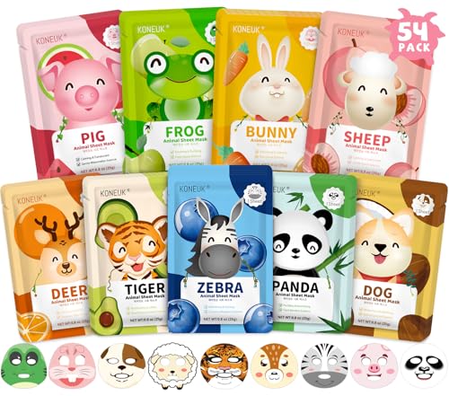 Kids Animal Face Mask Set - 54 Pack Cartoon Spa Party Supplies for Girls Teens
