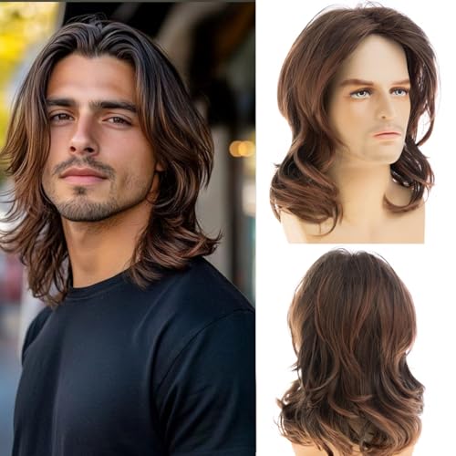 Men's Dark Brown Long Wavy Wig - Natural Layered, Heat-Resistant Synthetic Hair for Daily & Cosplay